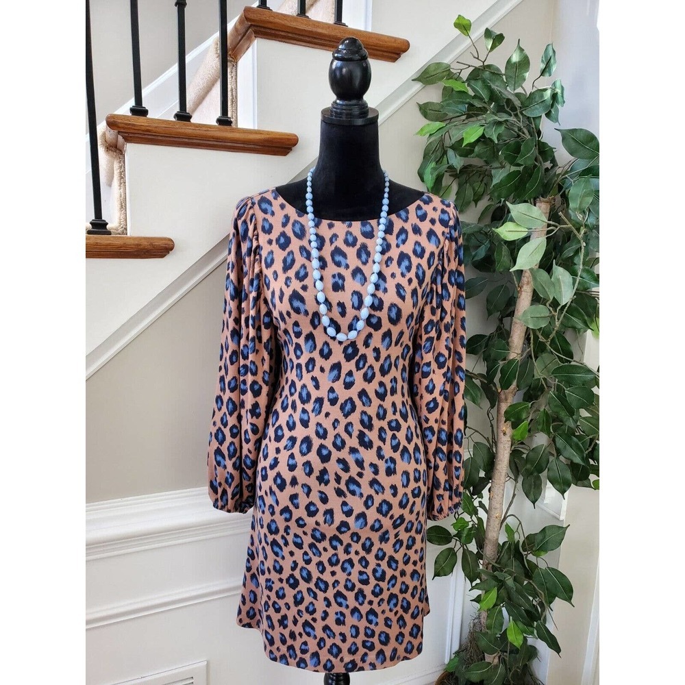 Ann Taylor Women Beige Polyester Round Neck Long Sleeve Knee Length Dress Size S